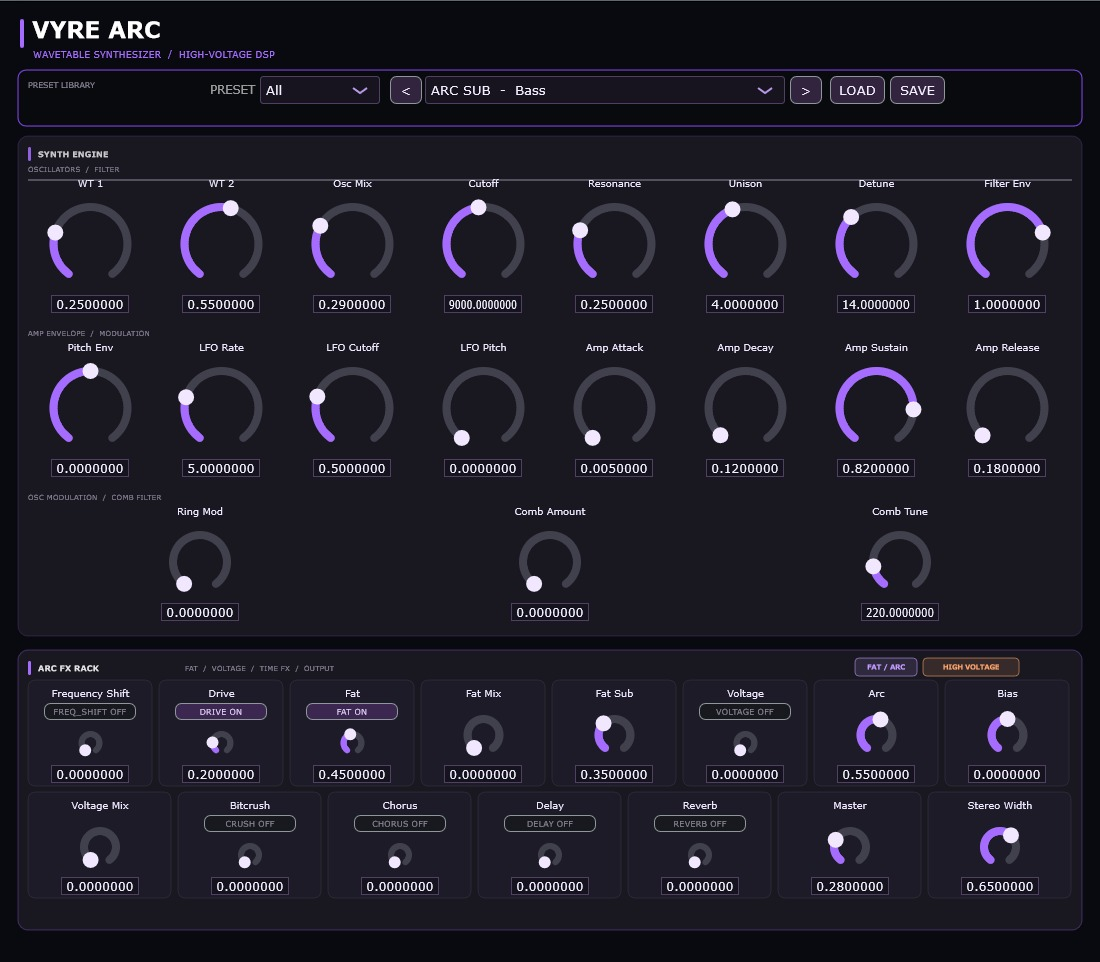 VYRE ARC Advanced Edition synthesizer interface with wavetable controls, modulation and ARC effects rack